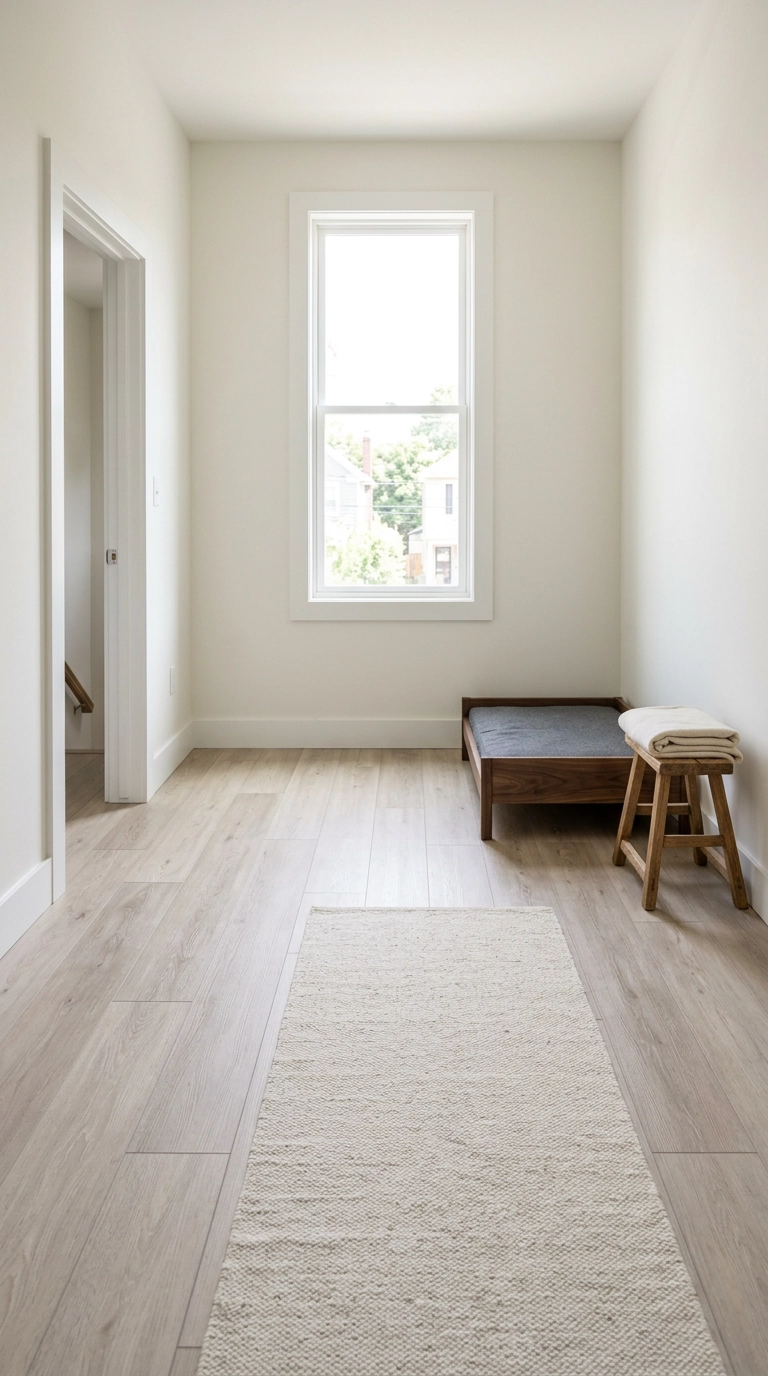 Dog room with matte pale ash luxury vinyl plank flooring and a low walnut-framed dog bed