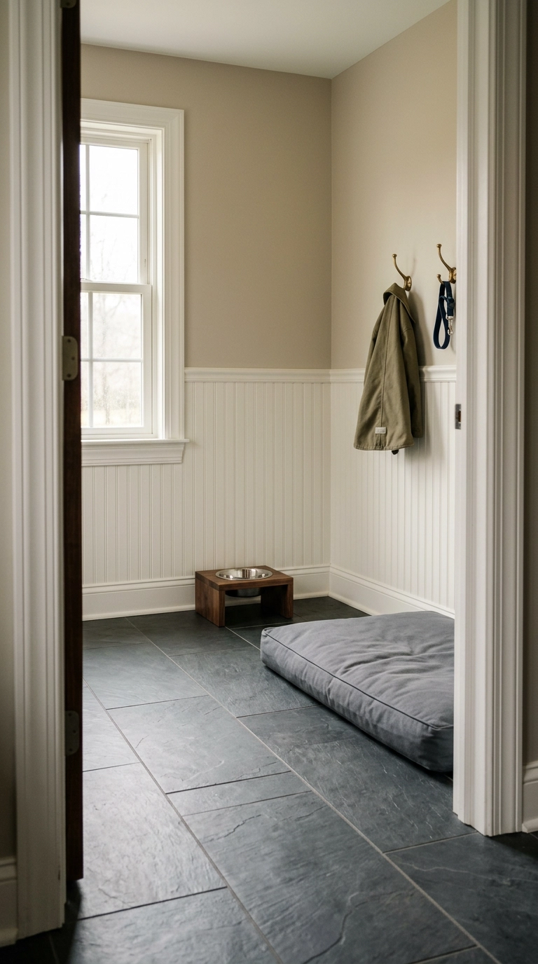 Dog room off a mudroom with slate-look porcelain tile floor and a grey washable dog bed