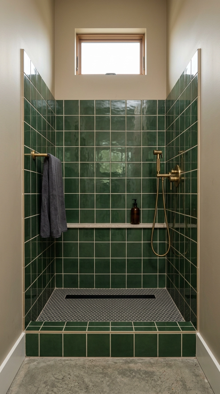 Dog room wash station with glossy hunter green tile, brass sprayer, and a raised tiled basin