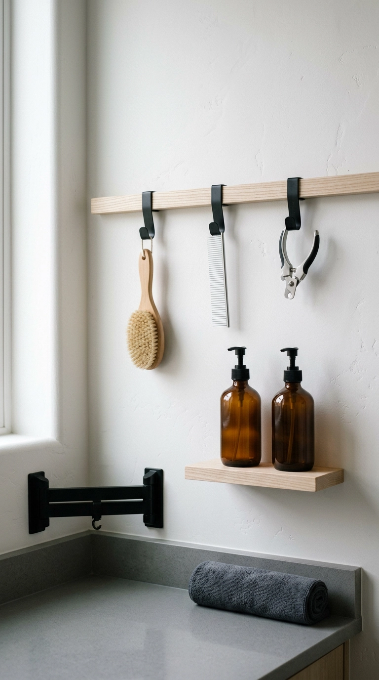 Dog room grooming corner with wall-mounted brush rail, amber bottles, and a folding tether arm