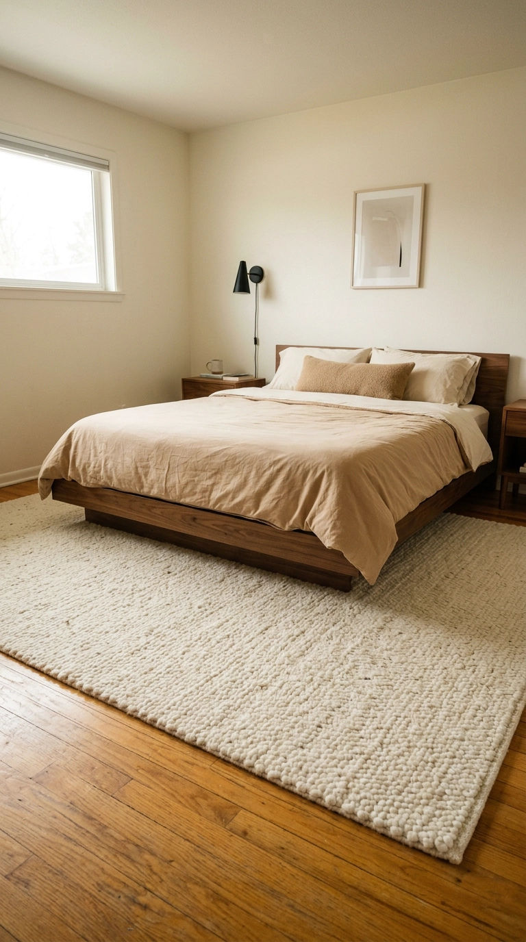 Dreamy bedroom with a thick ivory wool rug extending well past three sides of a low walnut bed