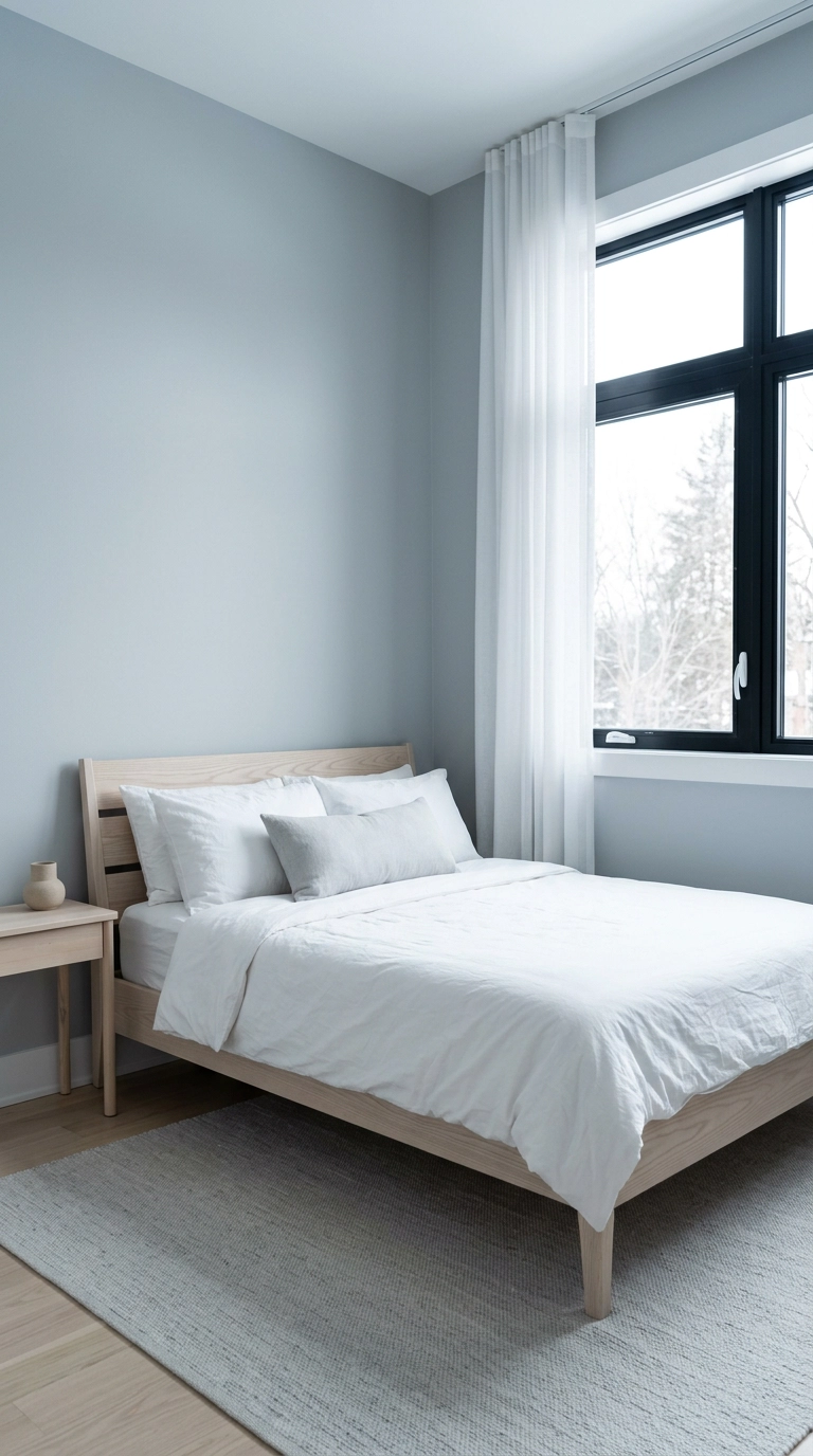 Dreamy bedroom in cool grey-blue with pale ash furniture and a sheer white voile curtain