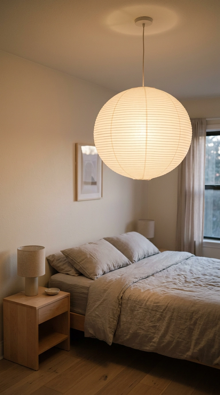 Dreamy bedroom with a glowing round rice paper pendant lantern diffusing the overhead light