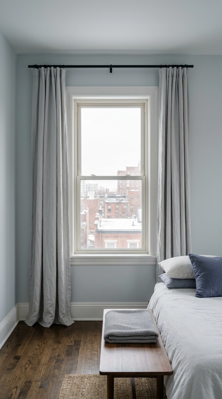 Dreamy bedroom window wall with pale dove grey linen curtains hung near the ceiling and extended past the frame