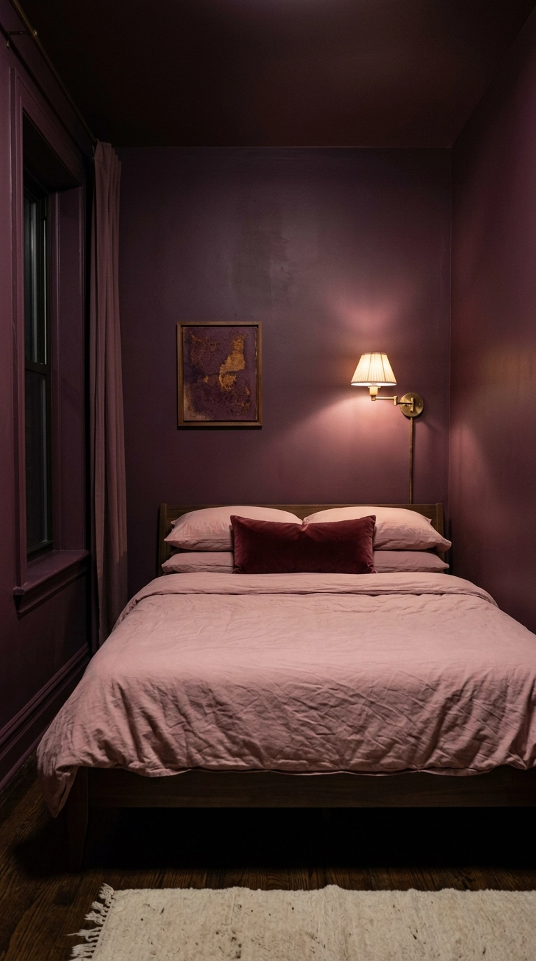 Dreamy bedroom color drenched in deep matte plum with a single warm brass swing-arm lamp