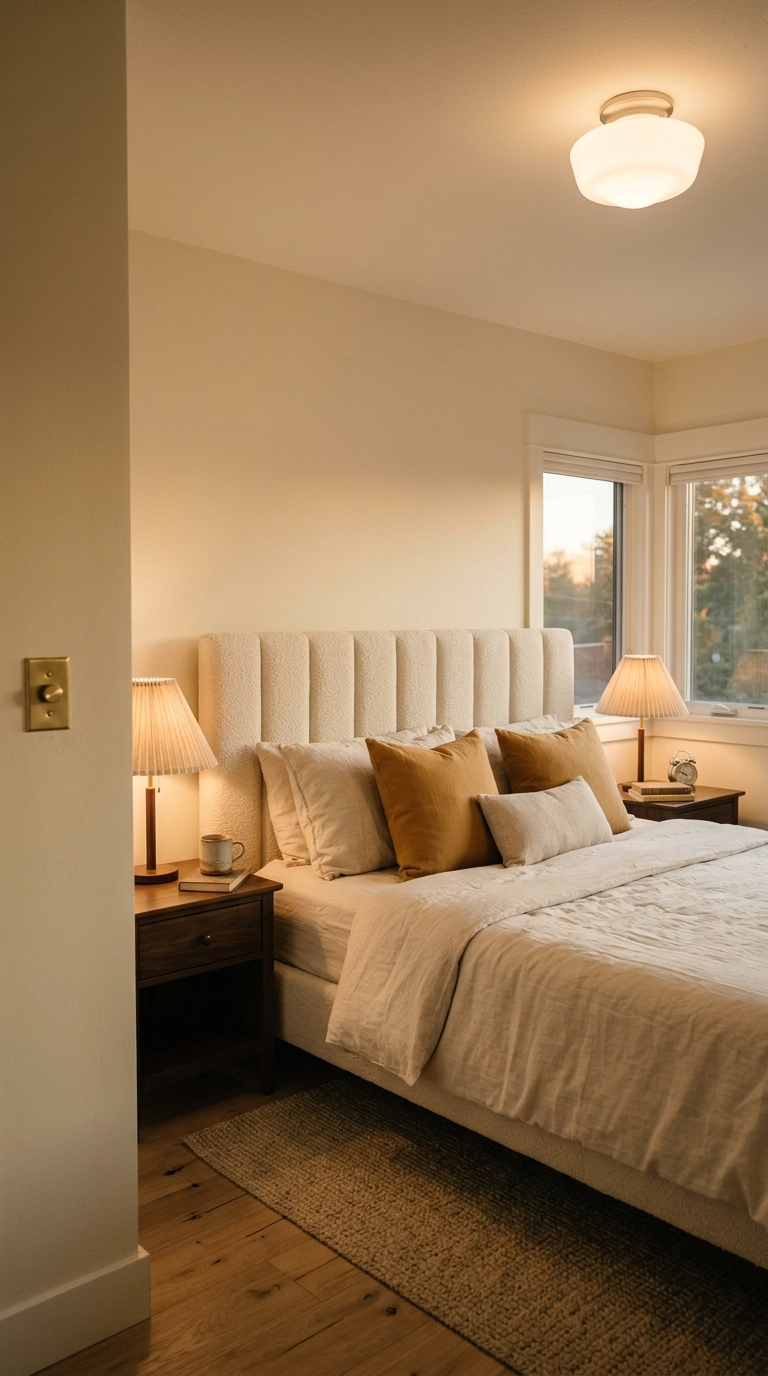 Dreamy bedroom lit by warm 2700K bedside lamps and a dimmed flush ceiling fixture