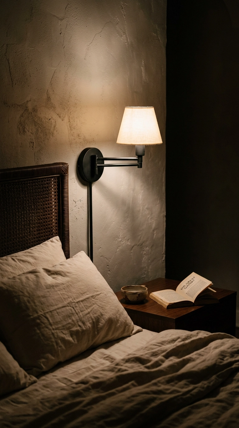 Dreamy bedroom detail of a black swing-arm sconce with a linen shade mounted above the headboard