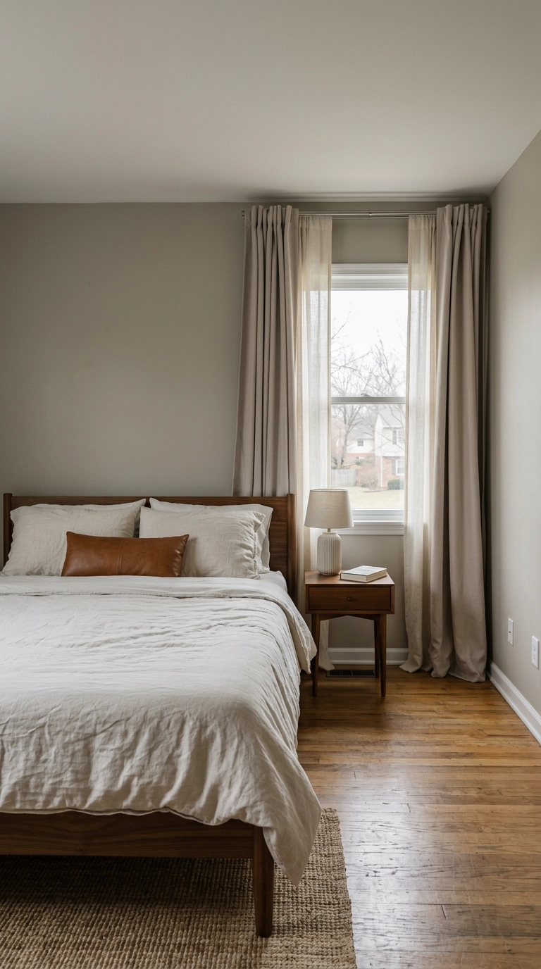 Dreamy bedroom with sheer ivory linen panels layered behind mushroom blackout drapes on a double rod