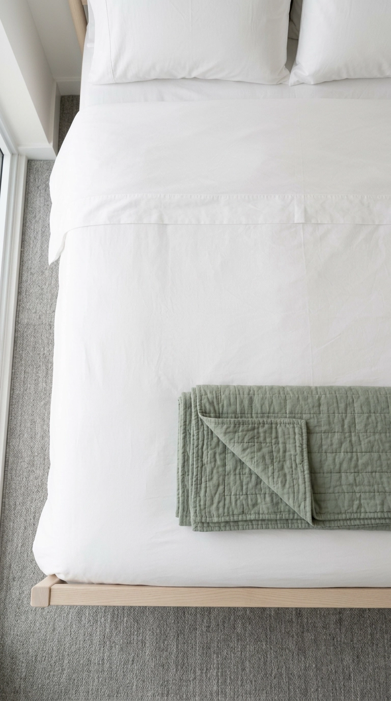 Dreamy bedroom flat lay of crisp white percale sheets with a folded sage quilt at the bed foot