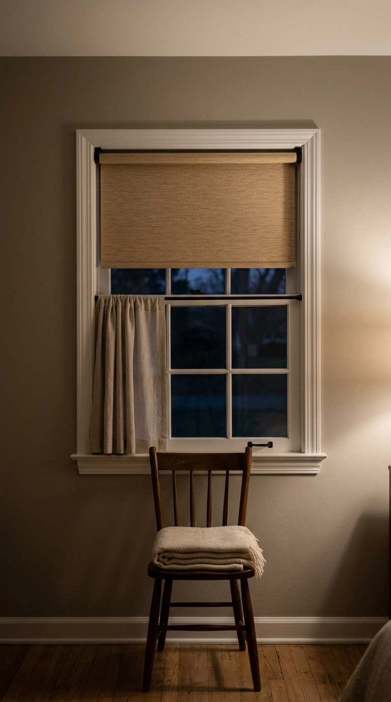 Dreamy bedroom with a warm sand blackout roller shade mounted inside a double-hung window frame