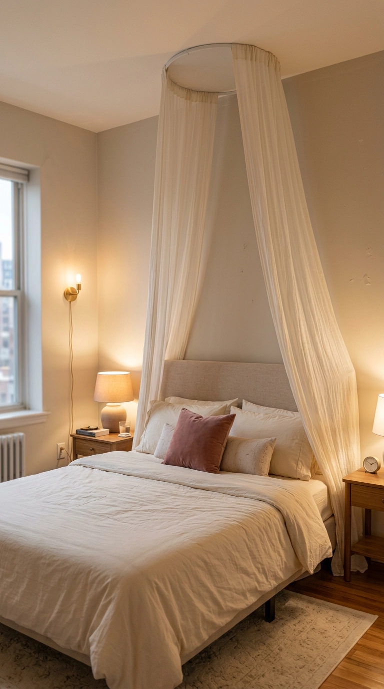 Dreamy bedroom with a ceiling-mounted drape ring and sheer voile panels falling beside the headboard