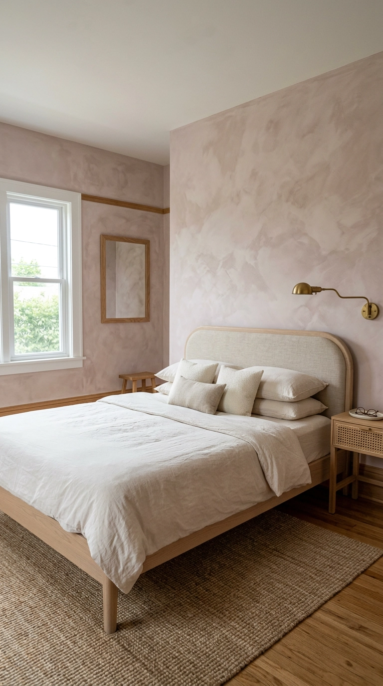 Dreamy bedroom with mottled pale dusty rose limewash walls and a rounded oat linen headboard