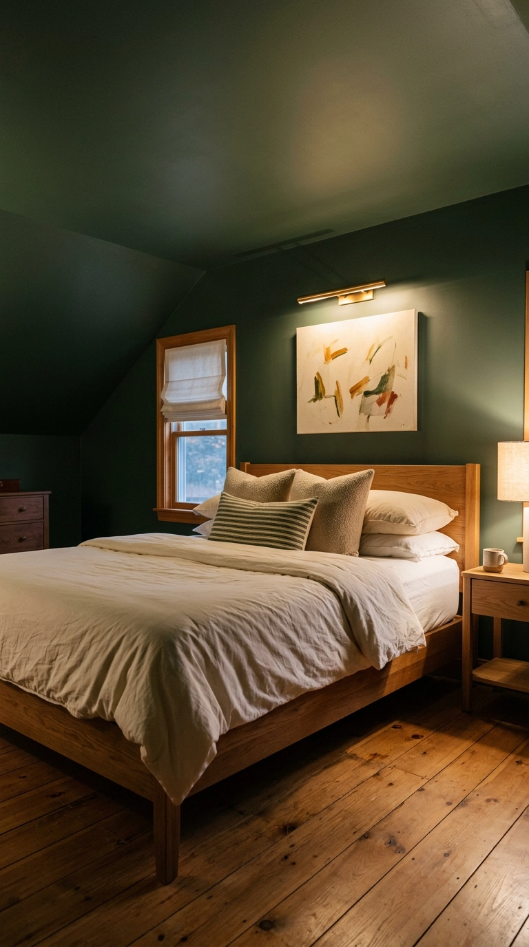 Dreamy bedroom cocoon with deep forest green walls and ceiling grounded by warm oak furniture
