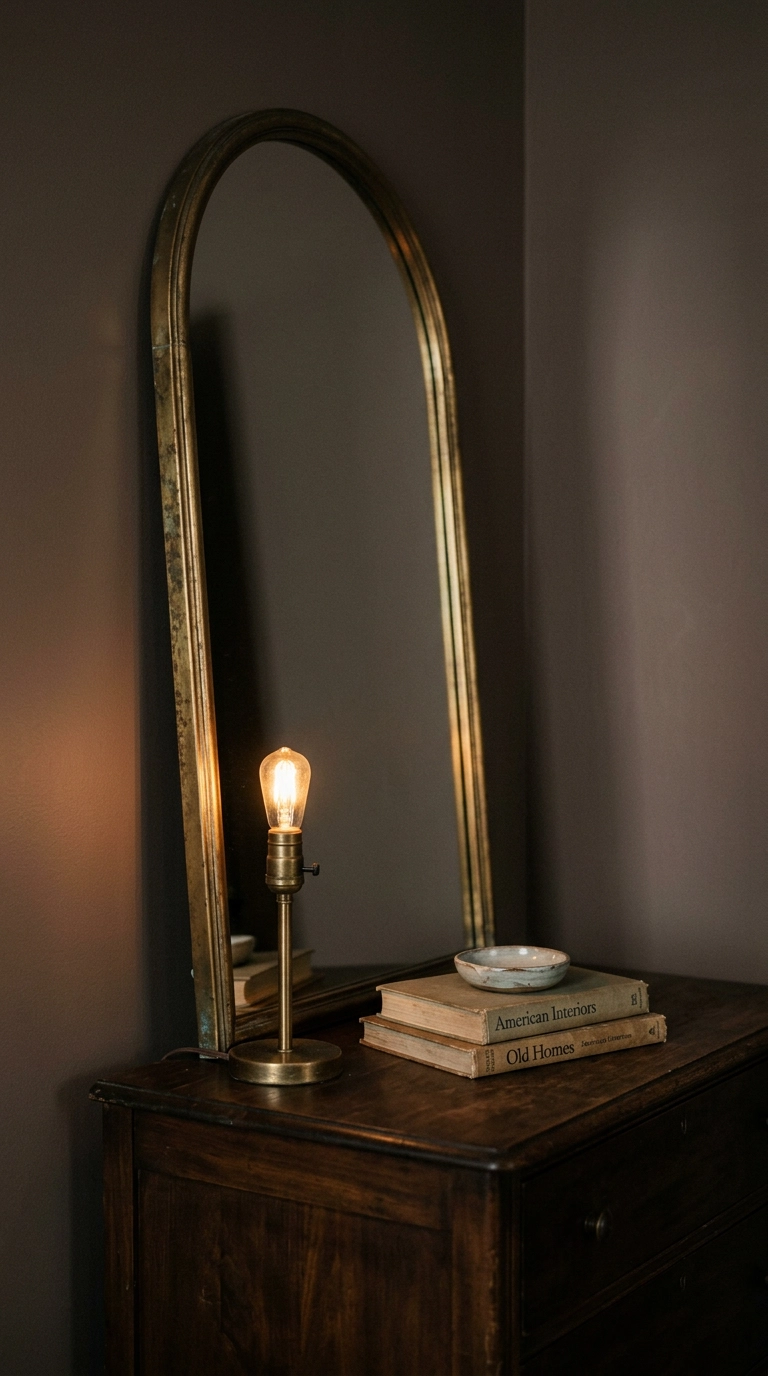 Dreamy bedroom vignette with an arched brass mirror angled to bounce warm lamplight off the wall
