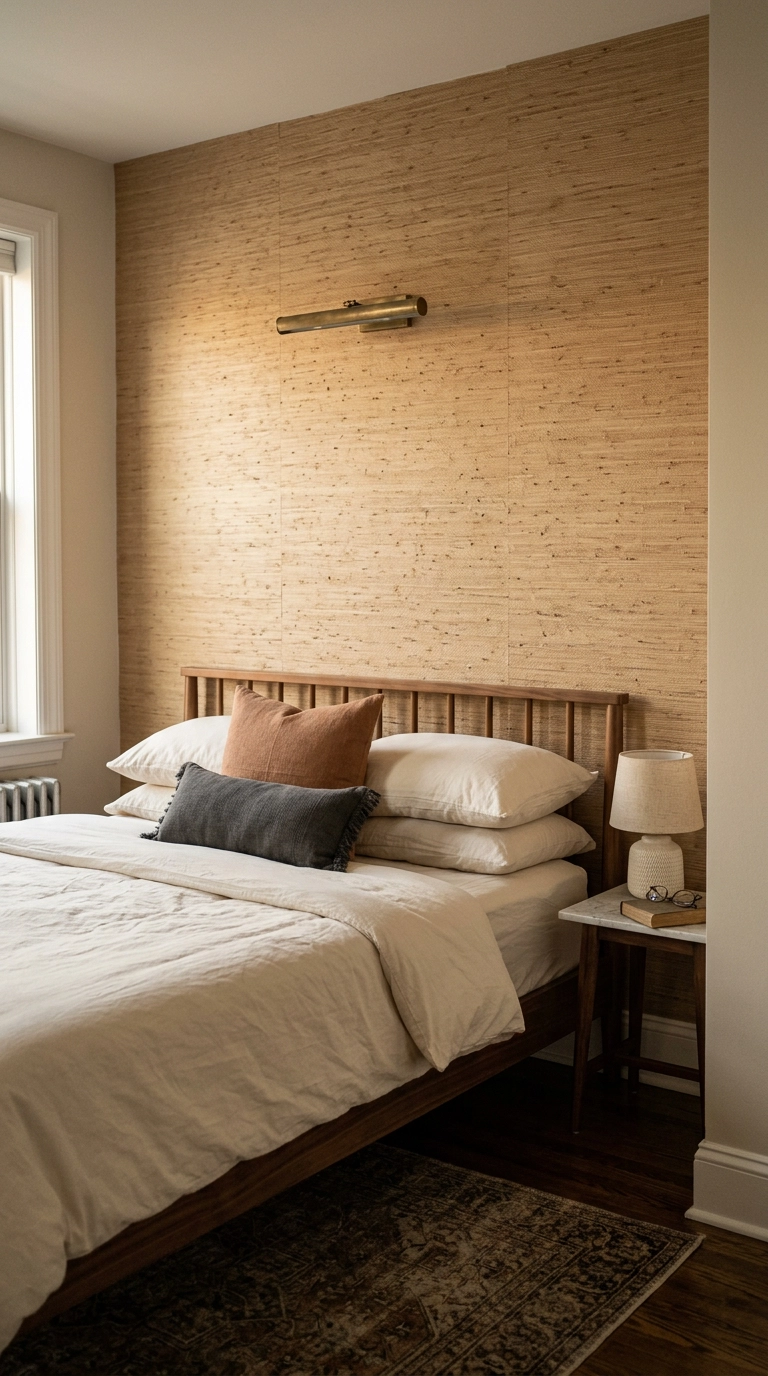 Dreamy bedroom with warm sand grasscloth textured wallpaper on the headboard wall only