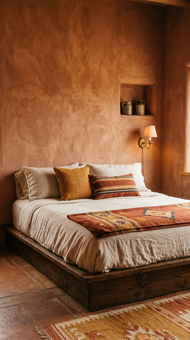Dreamy bedroom with warm terracotta clay plaster walls, dark pine bed, and ochre wool textiles