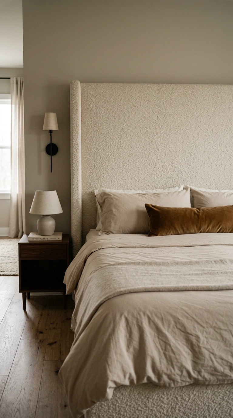 Dreamy bedroom with a tall nubby cream boucle headboard and sand percale bedding