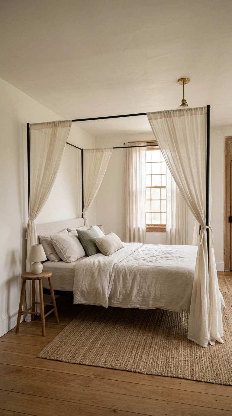 Dreamy bedroom with a black four-poster canopy frame draped in unlined ivory muslin panels