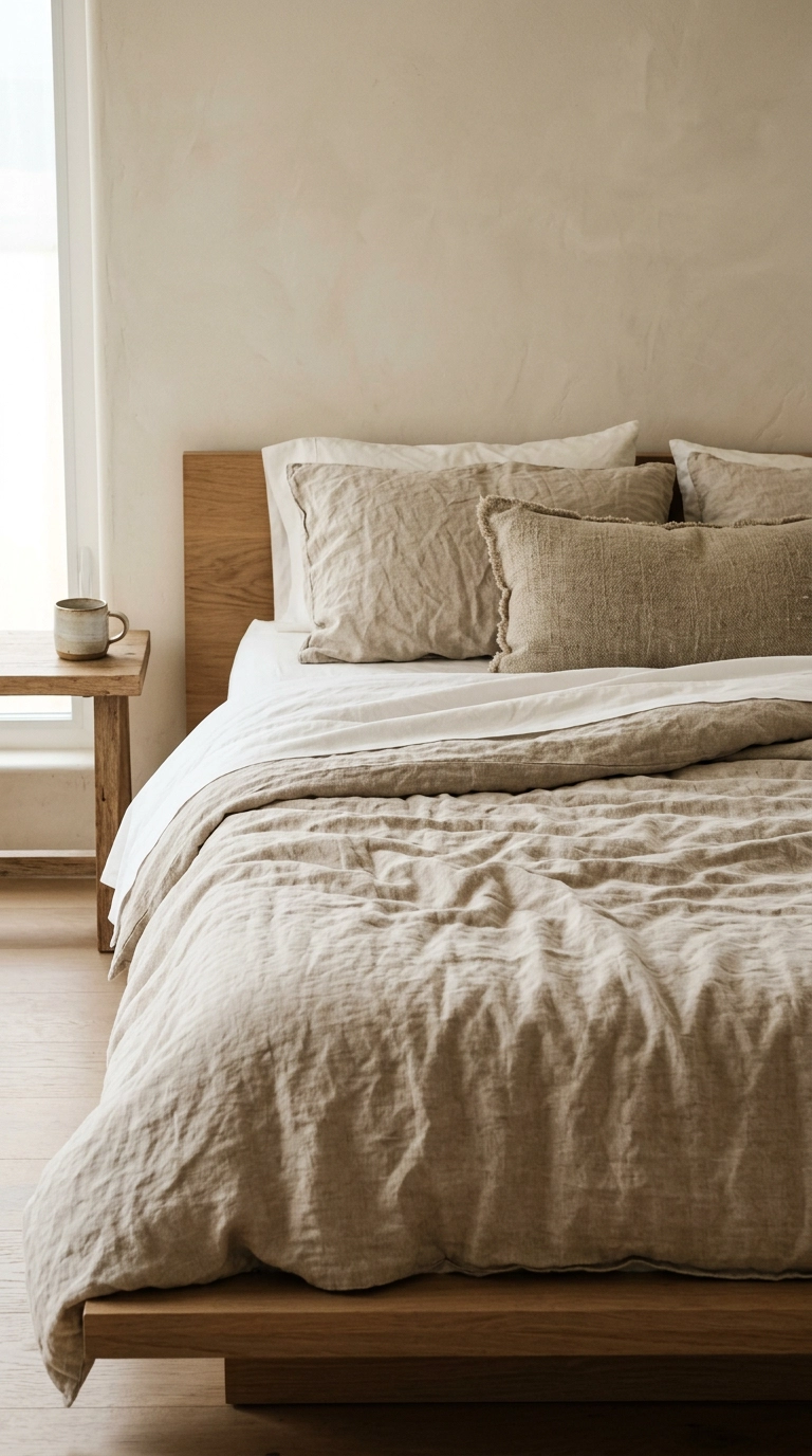Dreamy bedroom detail of a rumpled stonewashed oatmeal linen duvet with two sleeping pillows