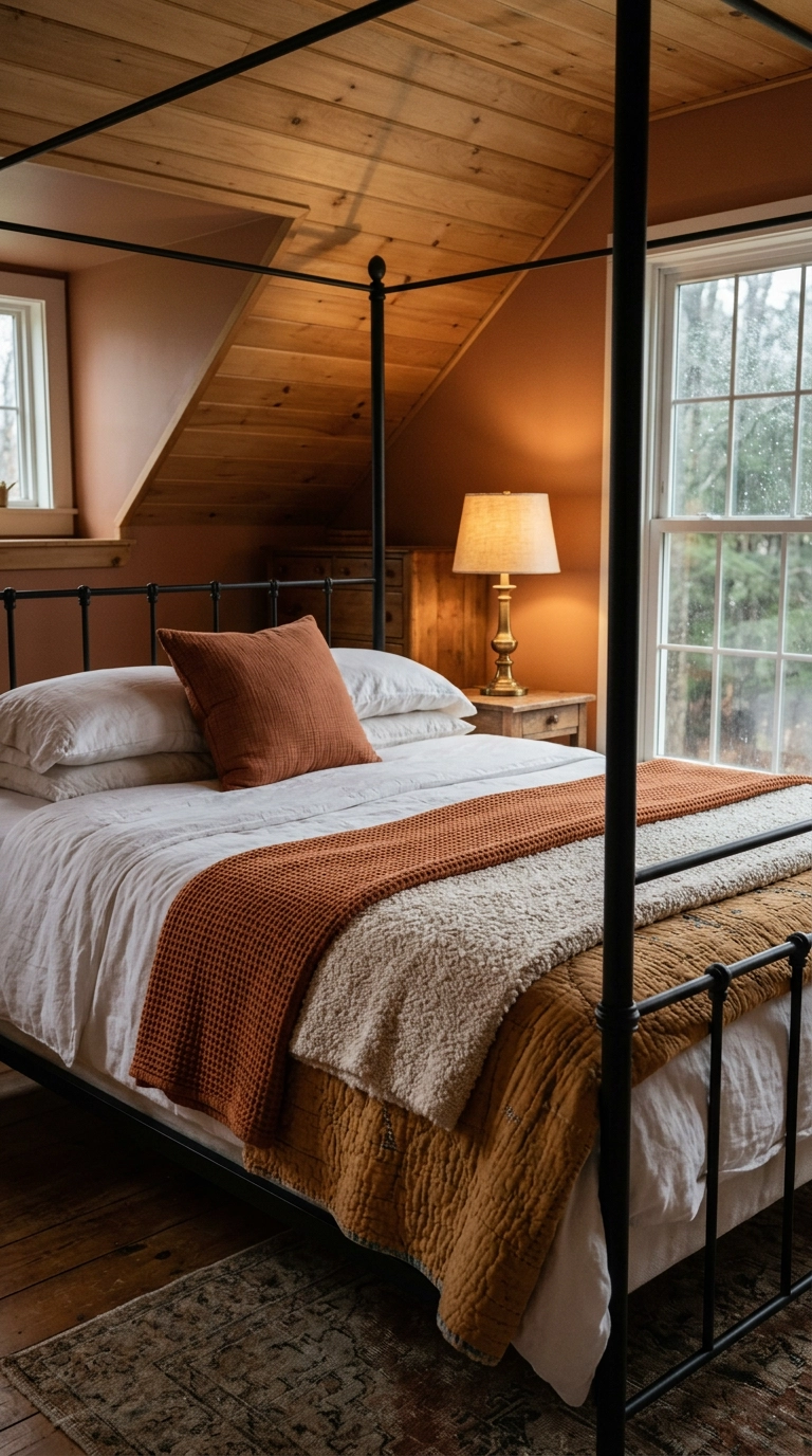 Dreamy bedroom with a rust waffle blanket, cream boucle throw, and ochre quilt layered at the foot of the bed