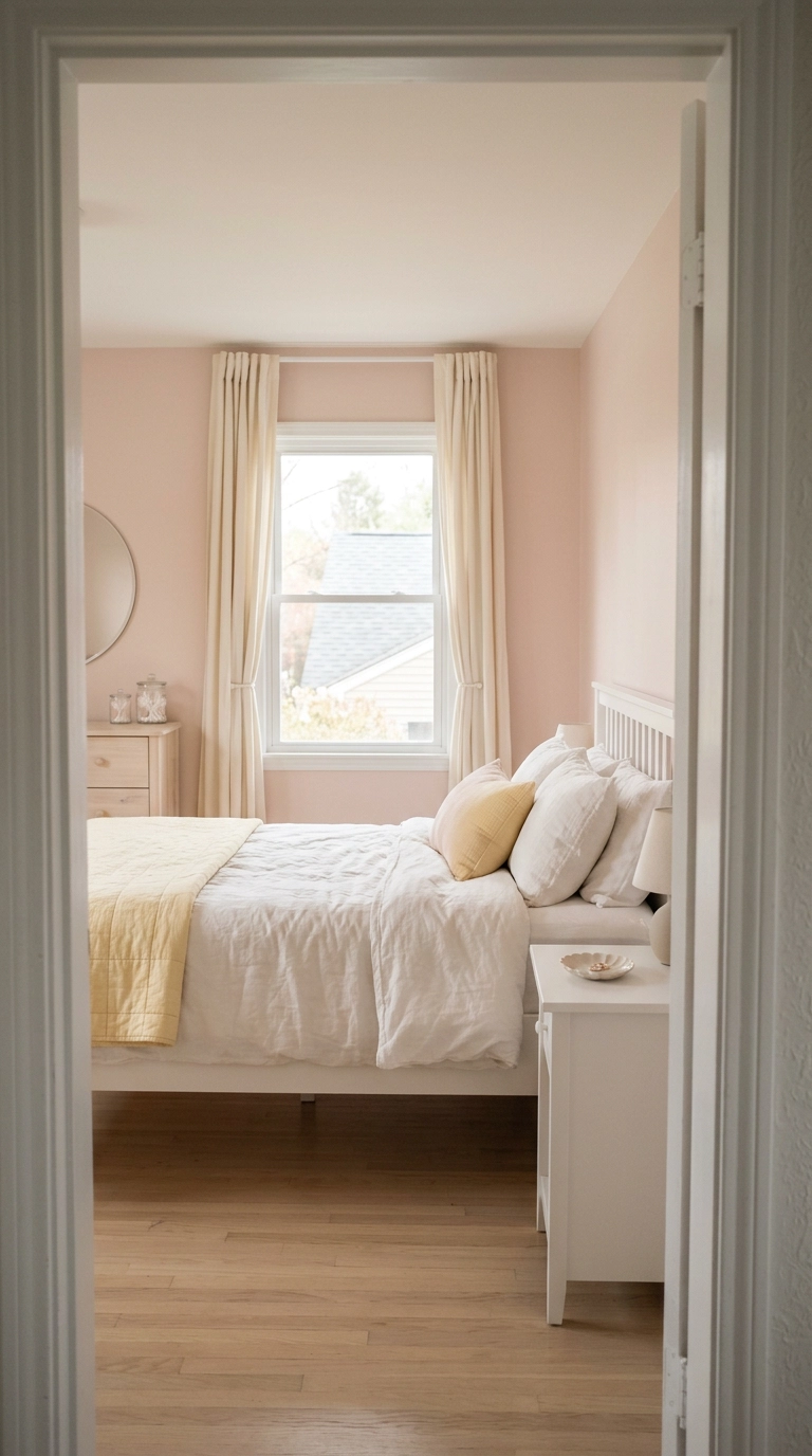 Dreamy bedroom in soft blush and butter yellow pastels seen through an open doorway