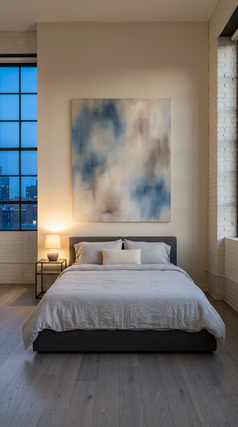 Dreamy bedroom with one oversized soft-focus abstract canvas in dusty blue hung above a charcoal bed