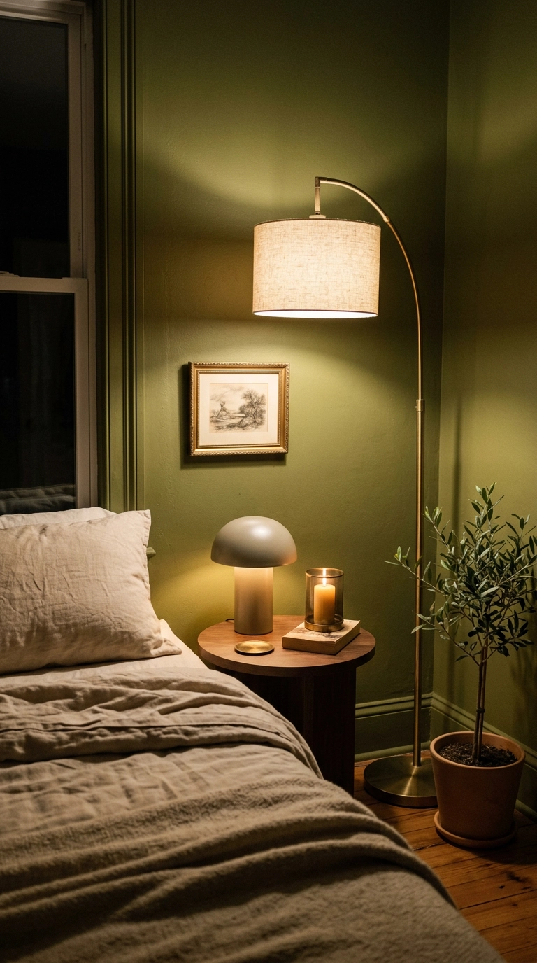 Dreamy bedroom corner lit at three heights with a floor lamp, table lamp, and single candle