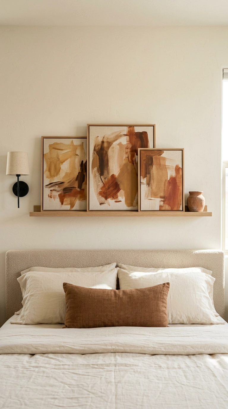 Three abstract sand and umber canvases on an oak picture ledge above a boucle headboard