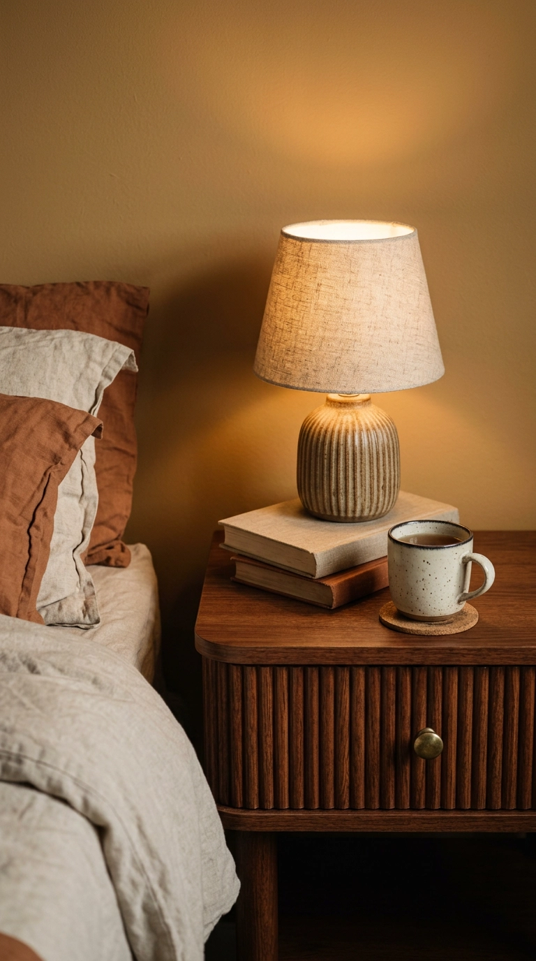 Reeded mahogany nightstand with a clay stoneware lamp against an ochre earth tone bedroom wall
