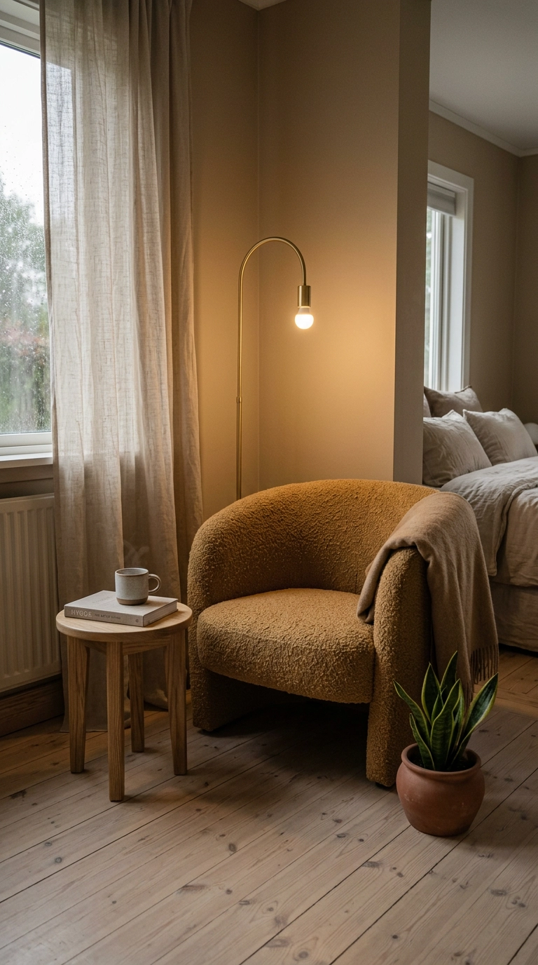 Ochre boucle reading chair with a brass floor lamp in a corner of an earth tone bedroom