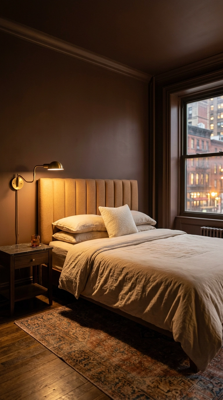 Chocolate brown color drenched bedroom with camel tufted headboard and brass wall lamp