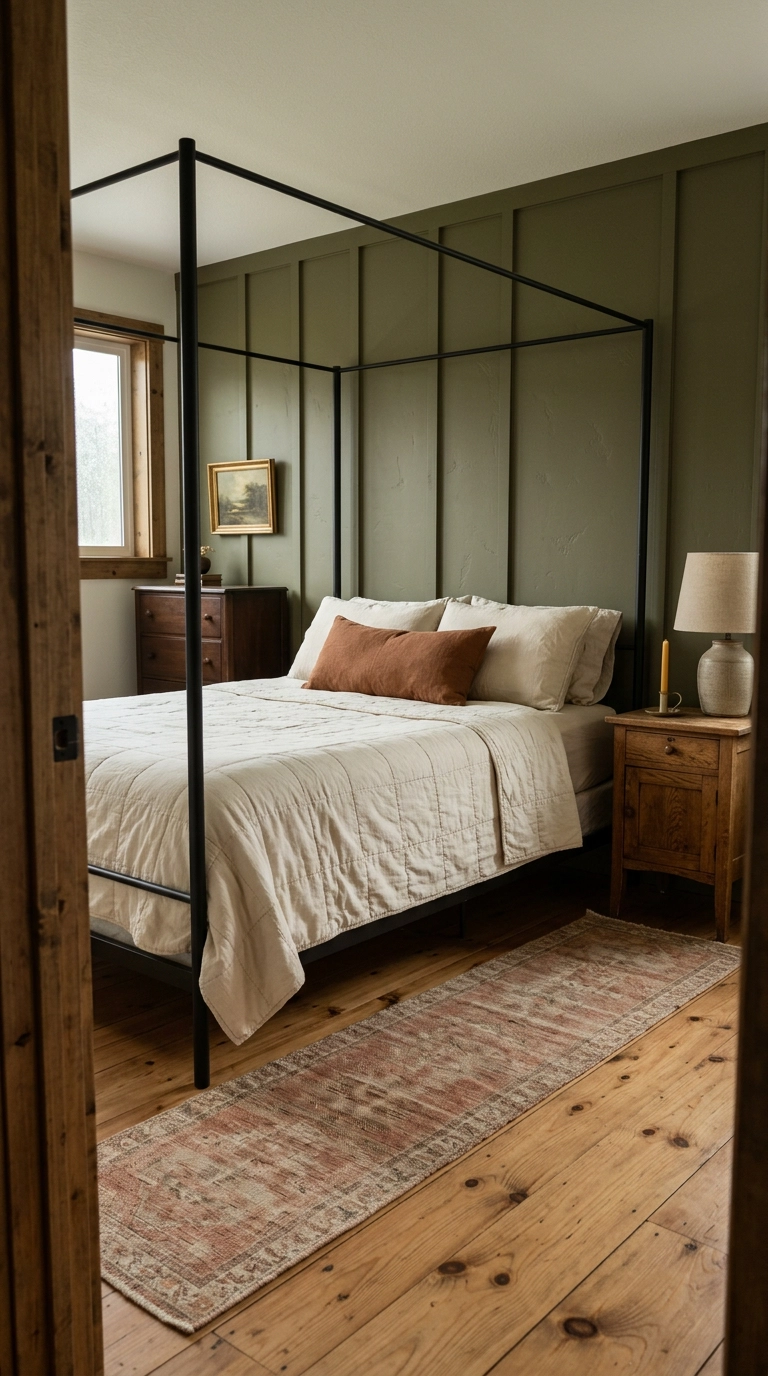 Olive green board and batten bedroom wall with a black four-poster bed and cream quilt