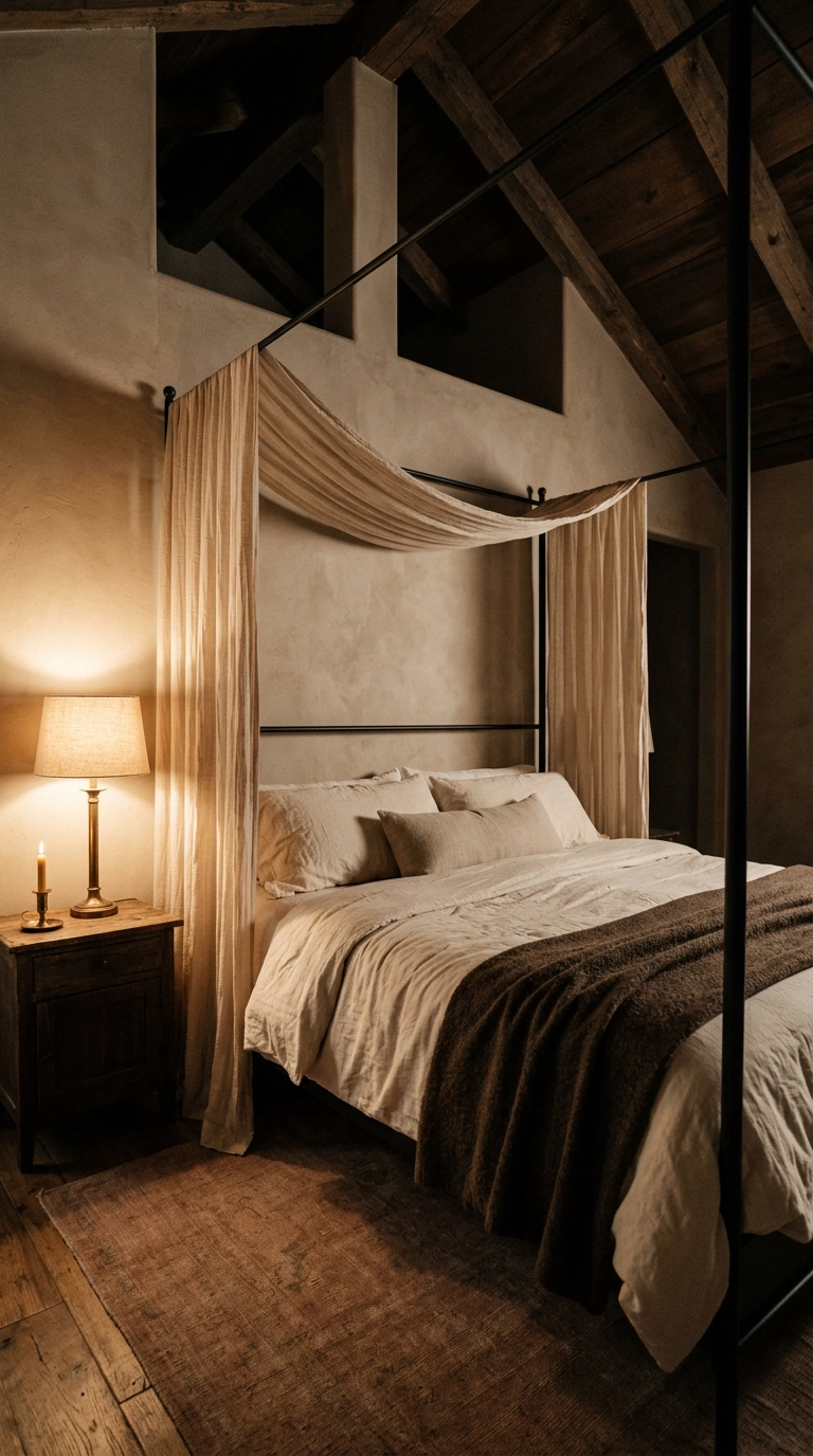 Oat muslin canopy draped over a black four-poster bed in an umber earth tone bedroom