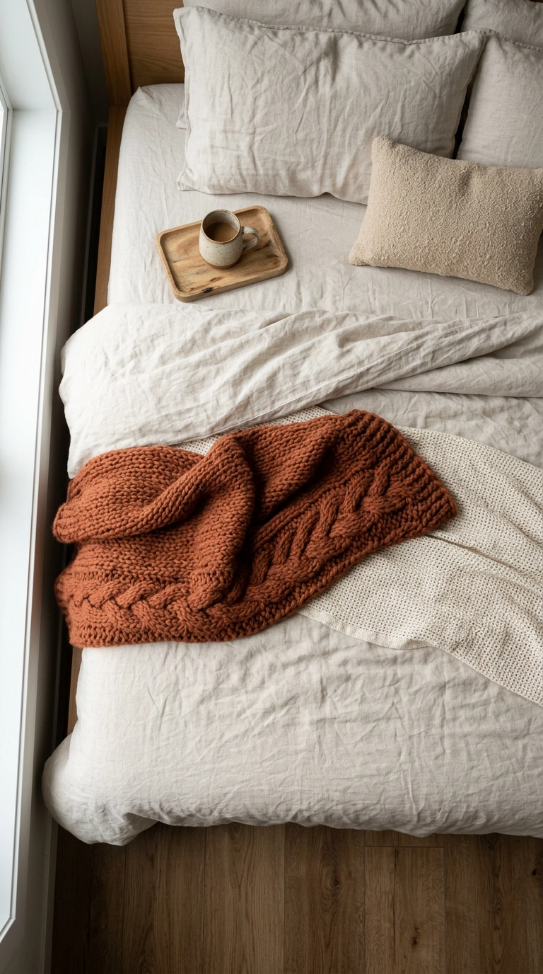 Burnt sienna chunky wool throw folded over oatmeal linen bedding in an earth tone bedroom