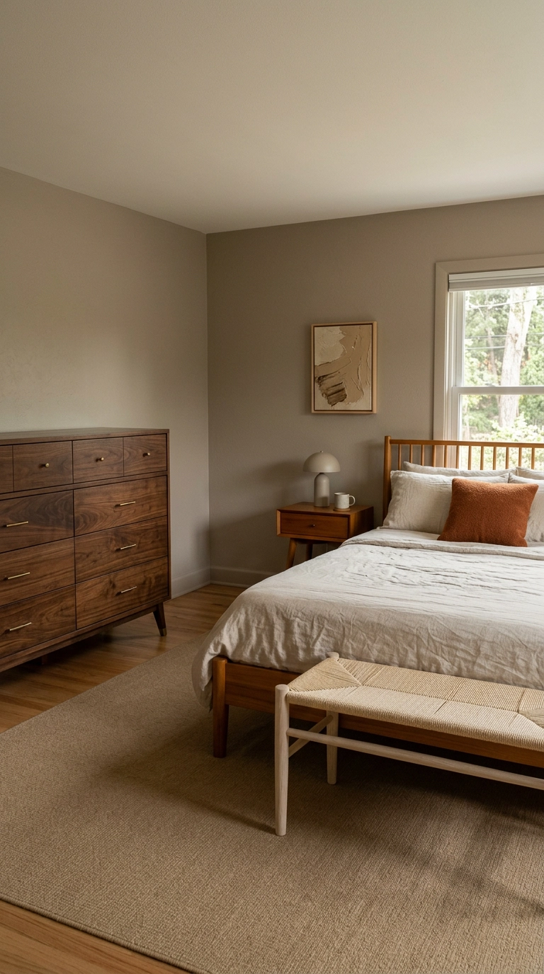 Walnut, teak, and ash wood tones mixed in a mushroom greige earth tone bedroom