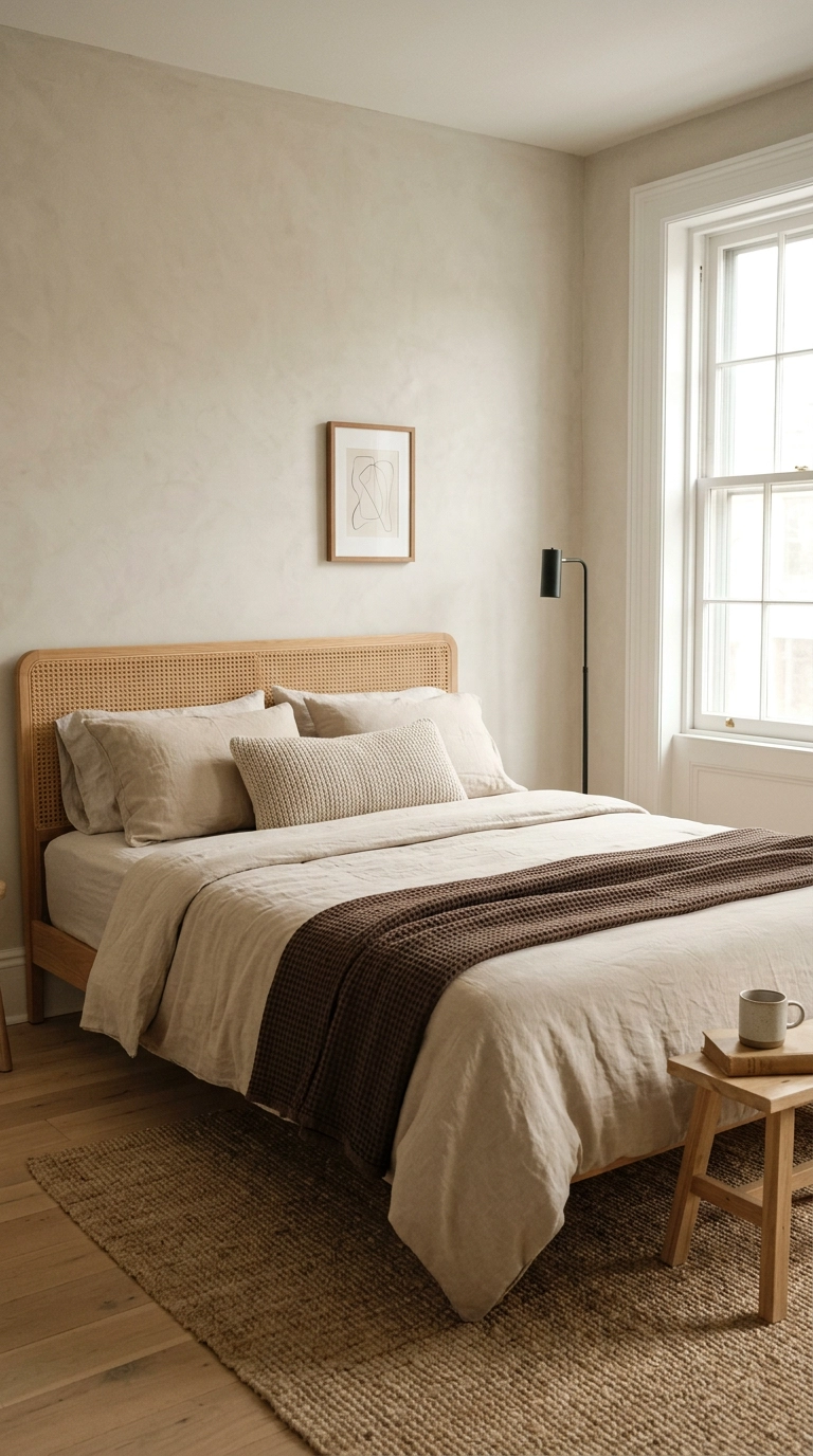 Layered sand and umber earth tone bedding on a rattan headboard bed in a bright bedroom