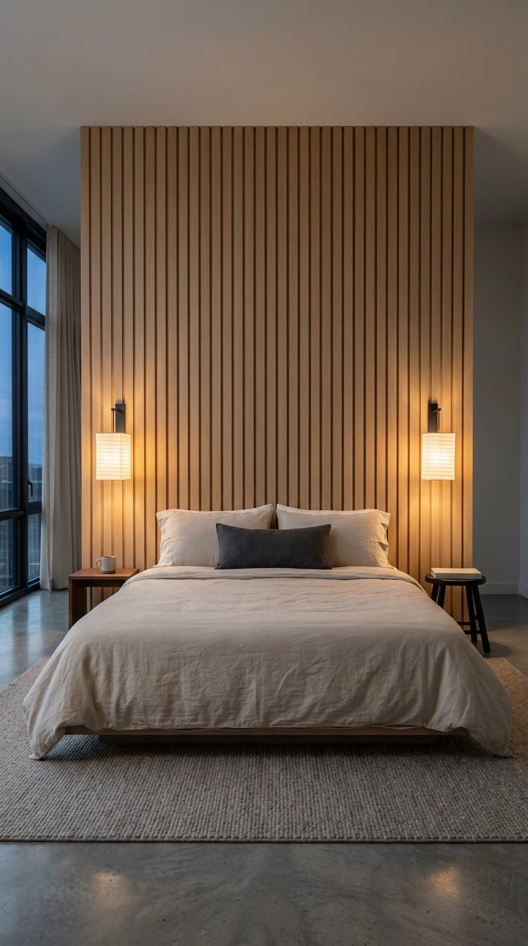 Vertical white oak slat wall behind a low platform bed in a Japandi earth tone bedroom