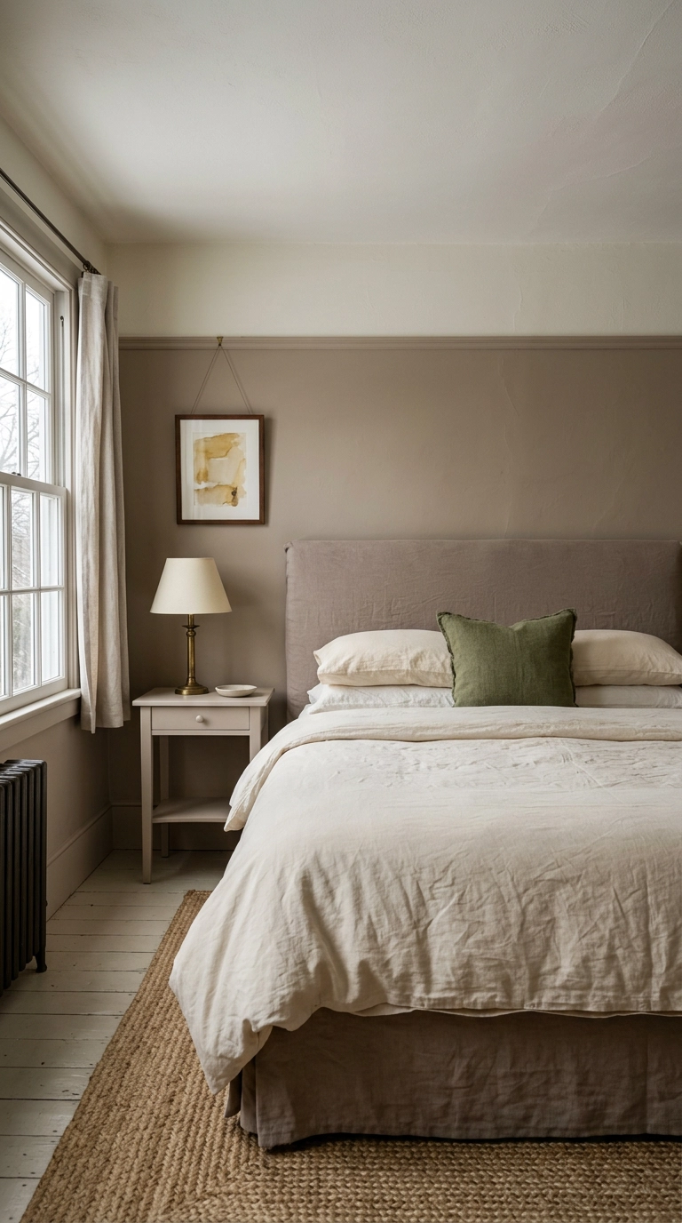 Two-tone taupe and cream bedroom wall with picture rail molding and a linen slipcovered headboard