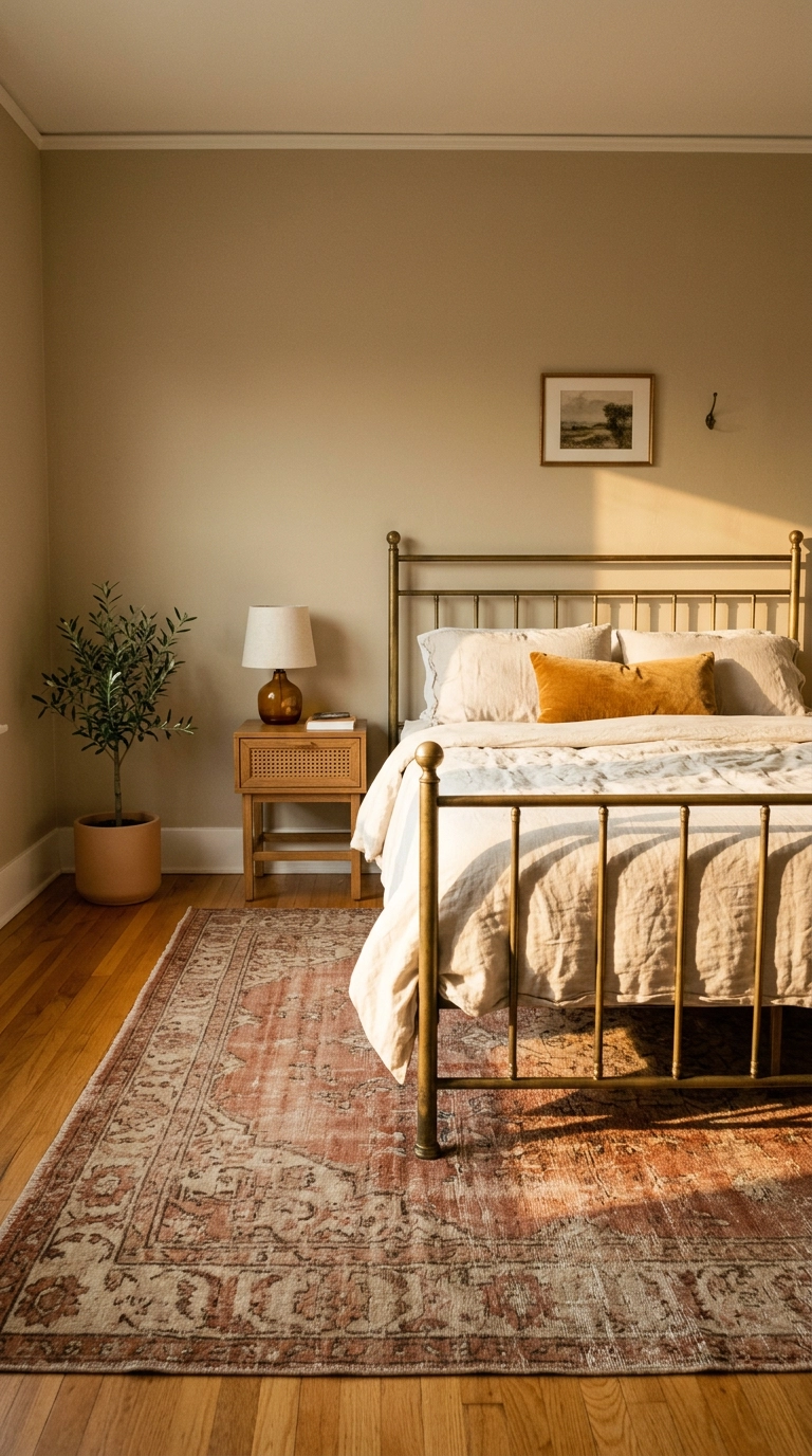 Faded rust vintage wool rug in an earth tone bedroom with a brass spindle bed