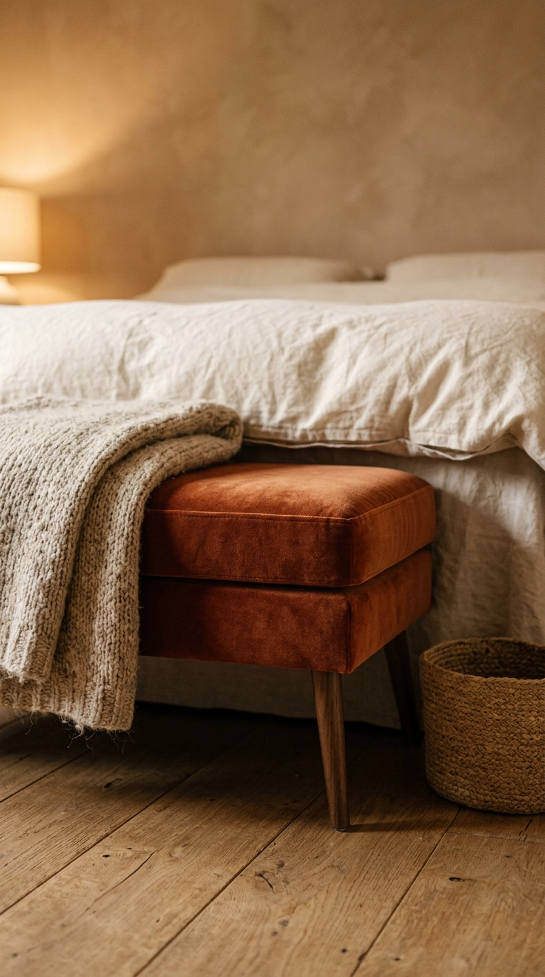 Rust velvet bench with an oatmeal wool throw at the foot of an earth tone bedroom bed