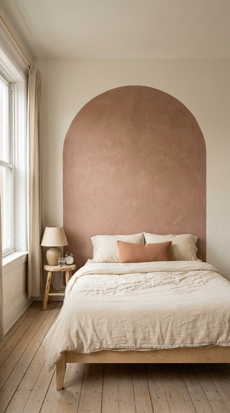 Roman clay painted arch headboard behind a low birch bed in a small earth tone bedroom