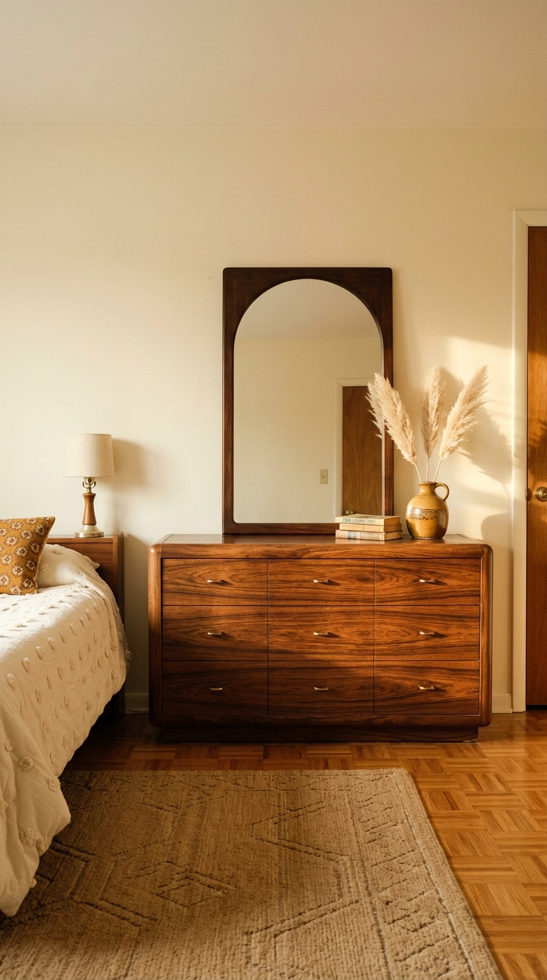 Thrifted rosewood dresser with an arched leaning mirror in a 70s style earth tone bedroom