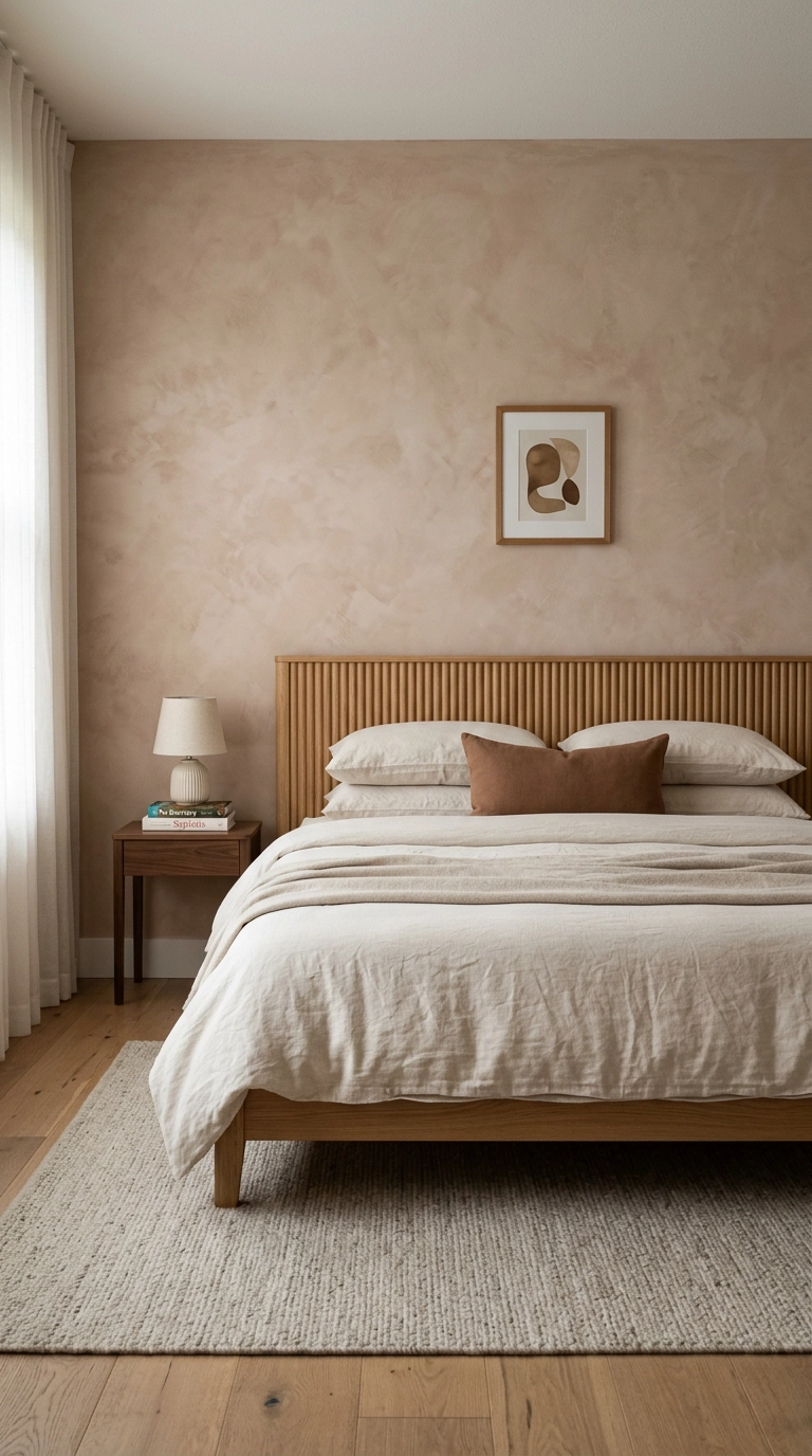Terracotta limewash wall behind a white oak bed with cream linen bedding in an earth tone bedroom