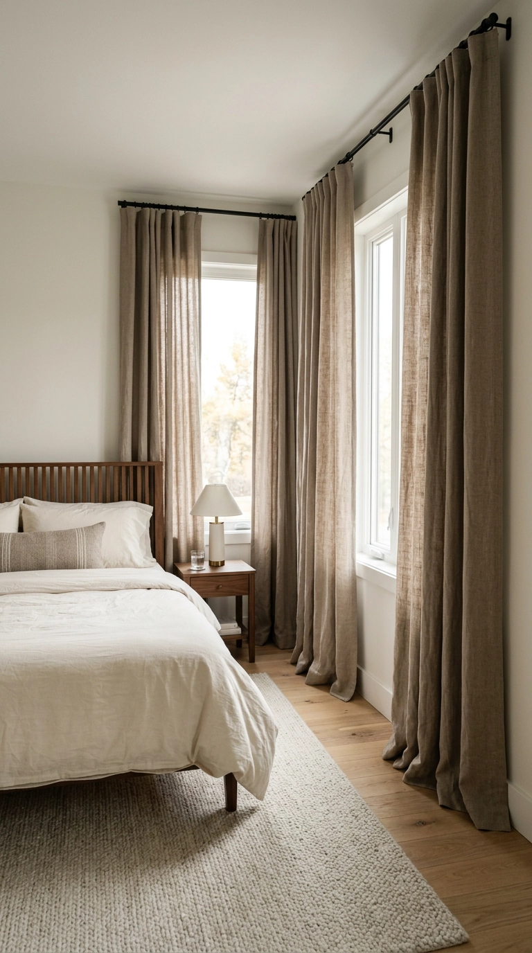 High-hung warm taupe linen curtains in an earth tone bedroom with a walnut slat headboard