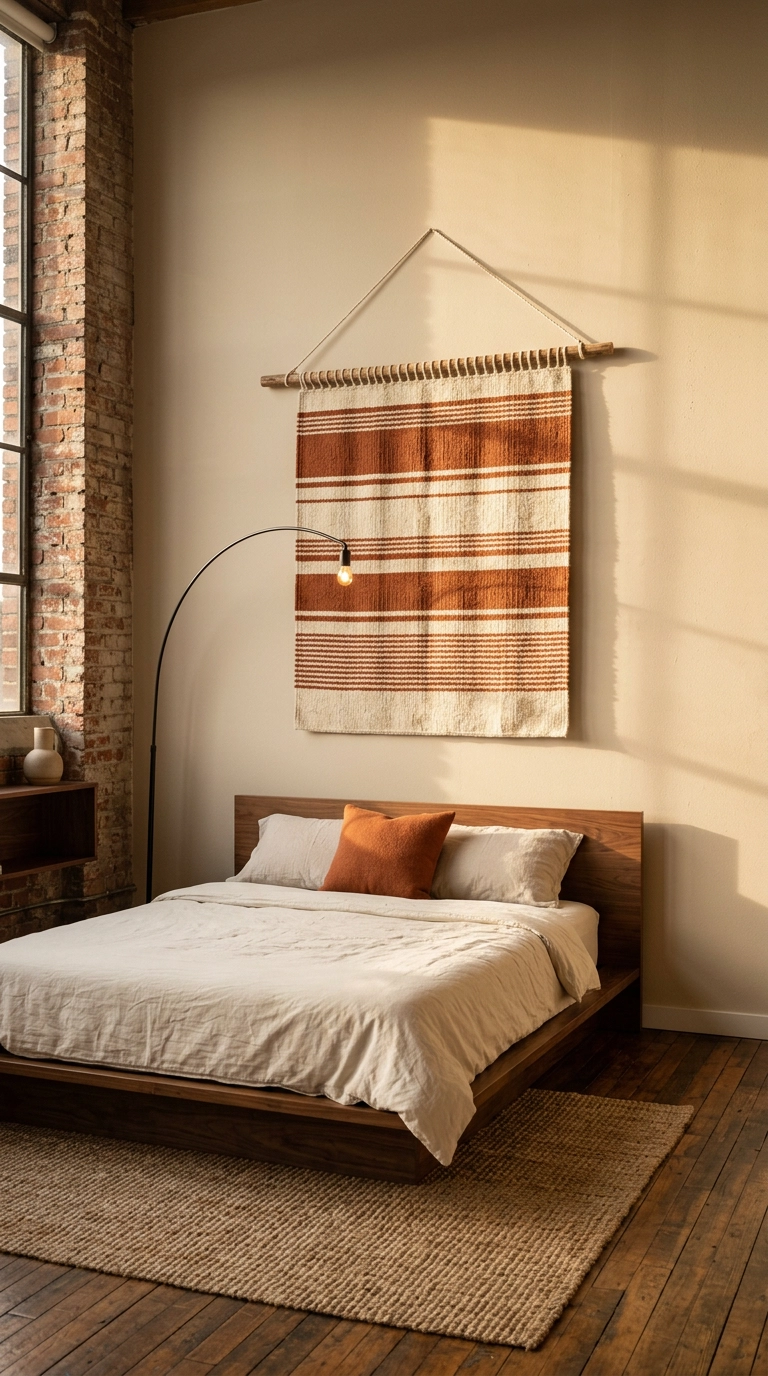 Woven clay and rust wool wall hanging above a walnut platform bed in an earth tone bedroom