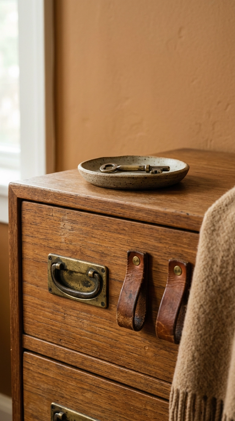 Unlacquered brass and aged leather drawer pulls on a teak dresser in an earth tone bedroom
