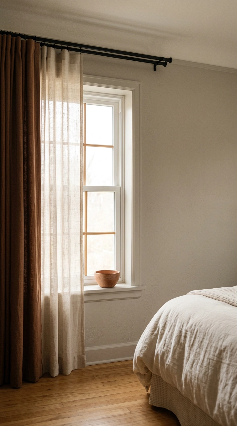 Sheer linen curtain layered over a rust blackout panel in an earth tone bedroom window