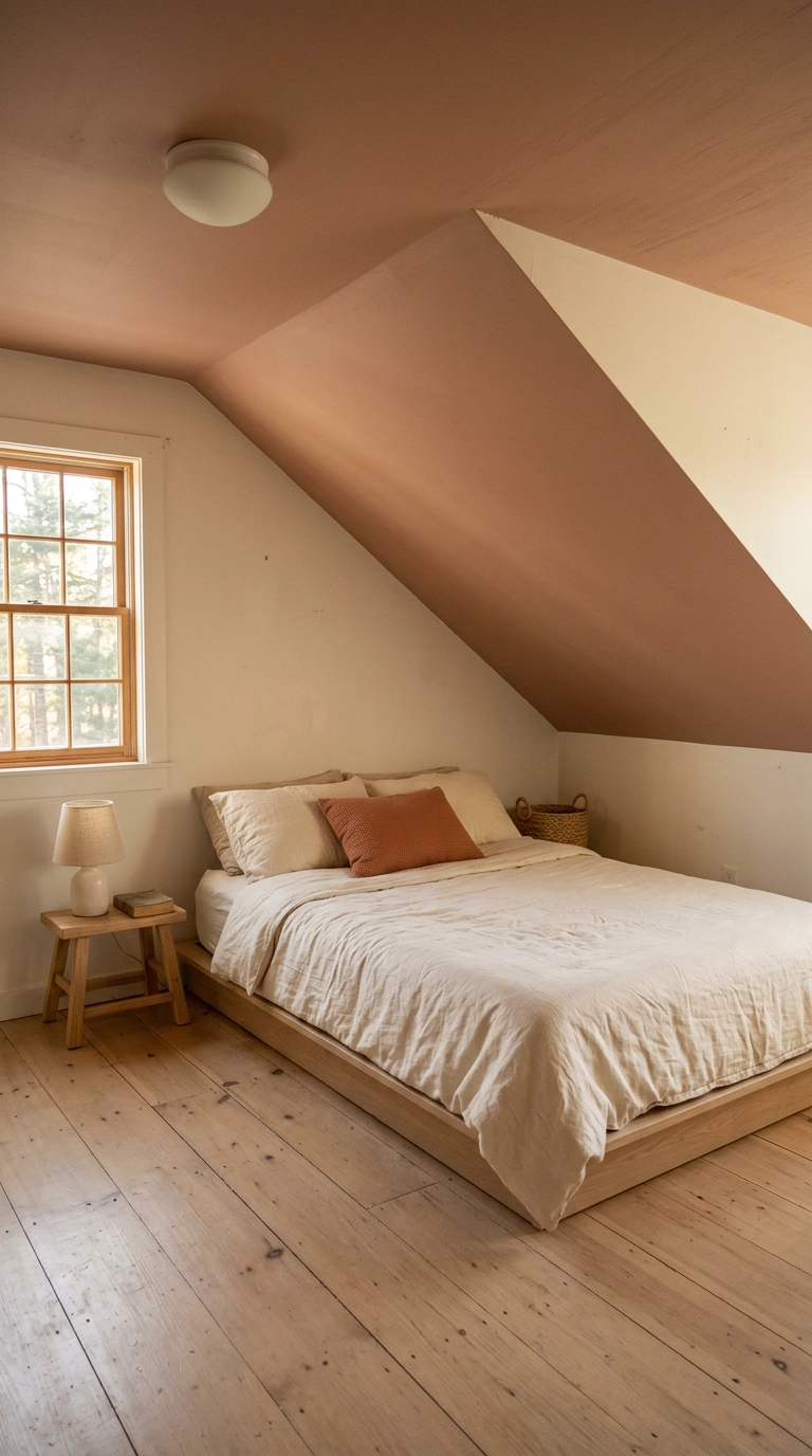 Clay painted sloped ceiling above a pale oak bed in an attic earth tone bedroom