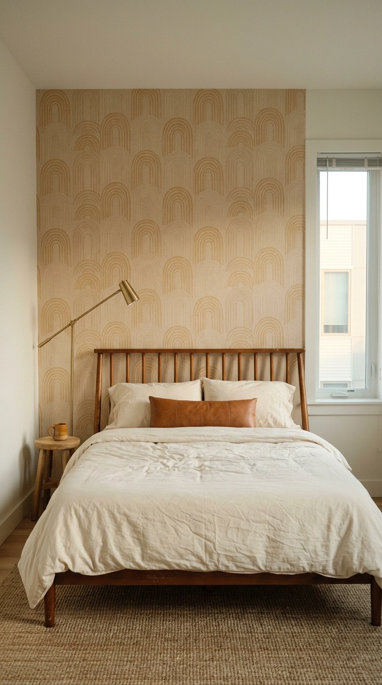 Ochre arch peel and stick wallpaper behind a chestnut spindle bed in a small earth tone bedroom