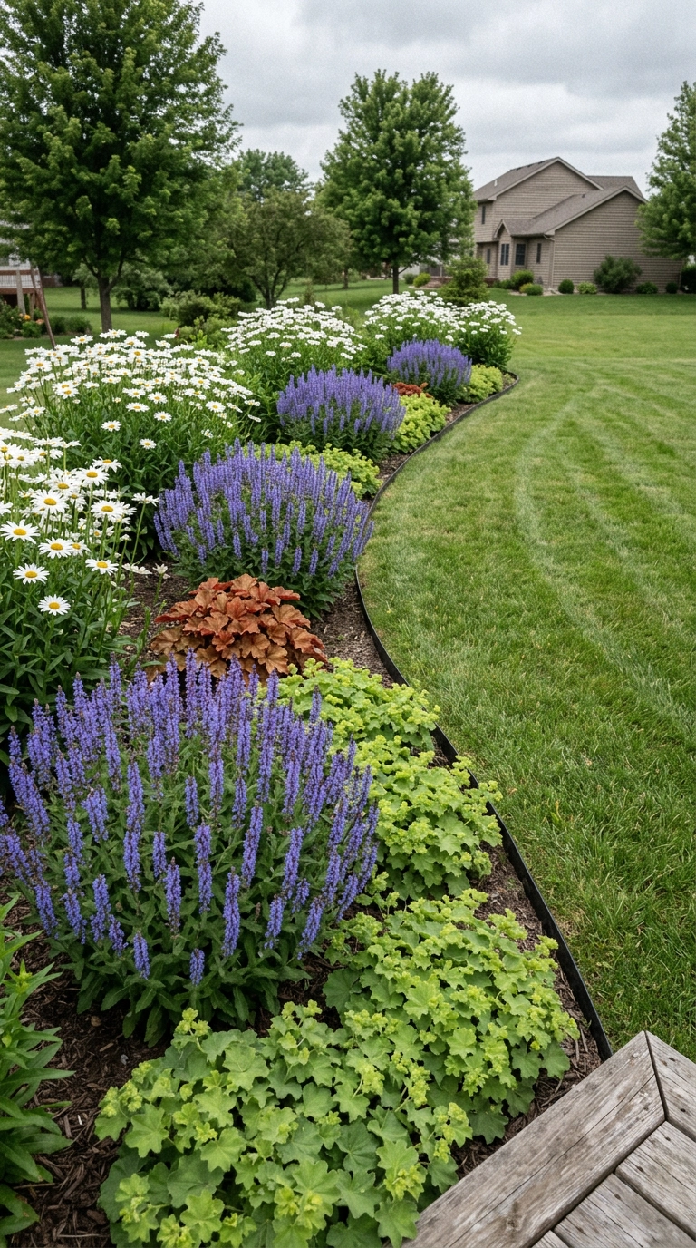 English garden bed showing three perennials repeated in drifts along a Midwest lawn under overcast light